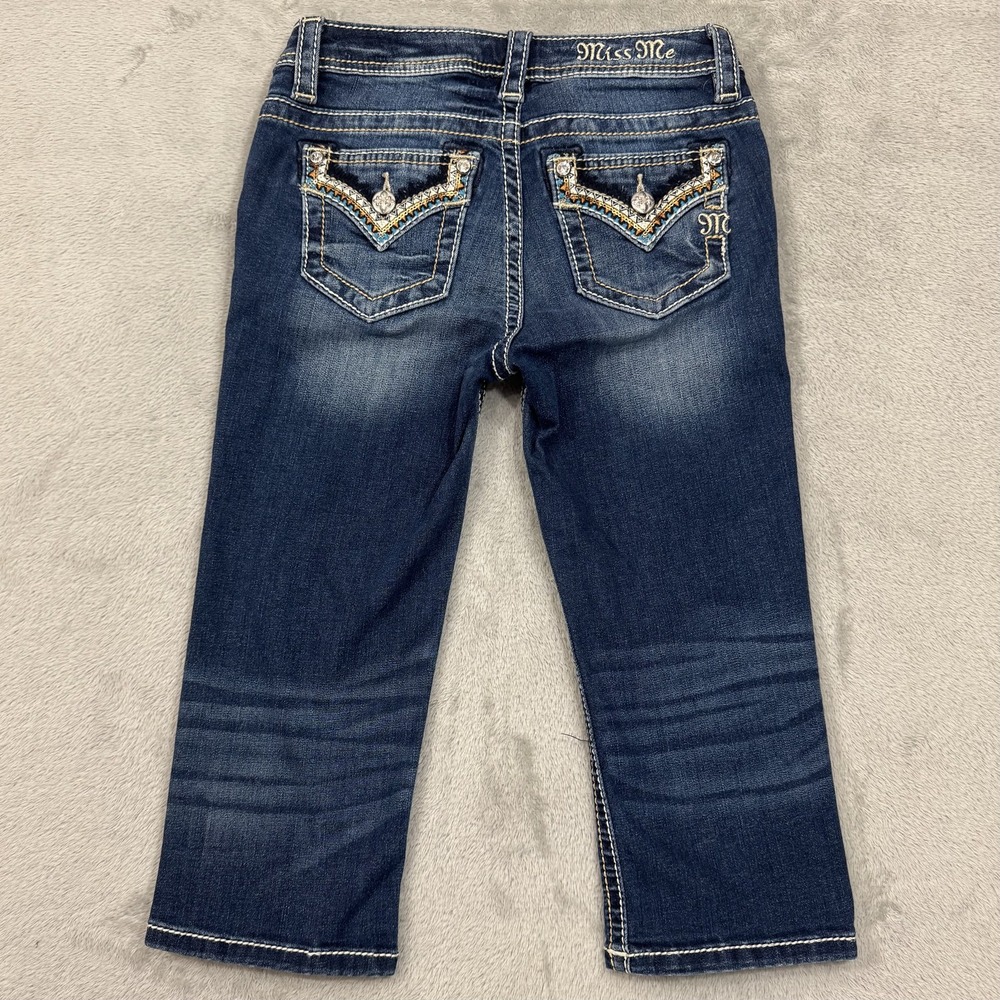 Miss Me Girls Medium Wash Blue Denim Capri Jeans Size 12 Cuffed Bling Pockets